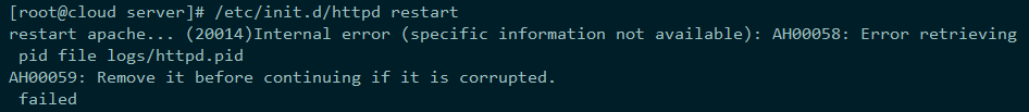 (20014)Internal error (specific information not available): AH00058: Error retrieving pid file logs/httpd.pid